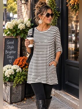Andrée by Unit Black White Striped Tunic Top L Pockets Ruched Sleeves